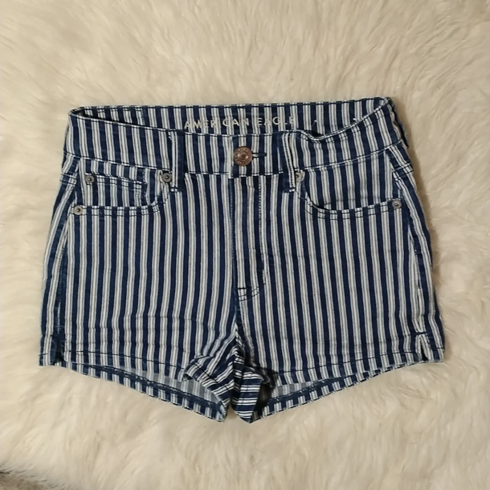 American Eagle Outfitters Navy and White Striped High-Rise Denim Shorts